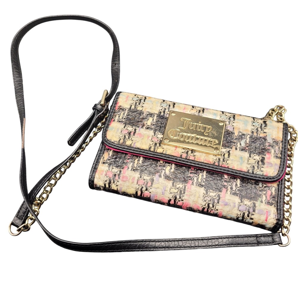 Y2K Juicy Couture Tweed Crossbody Wallet Bag Pink‎ Black Gold Logo Multi-Color